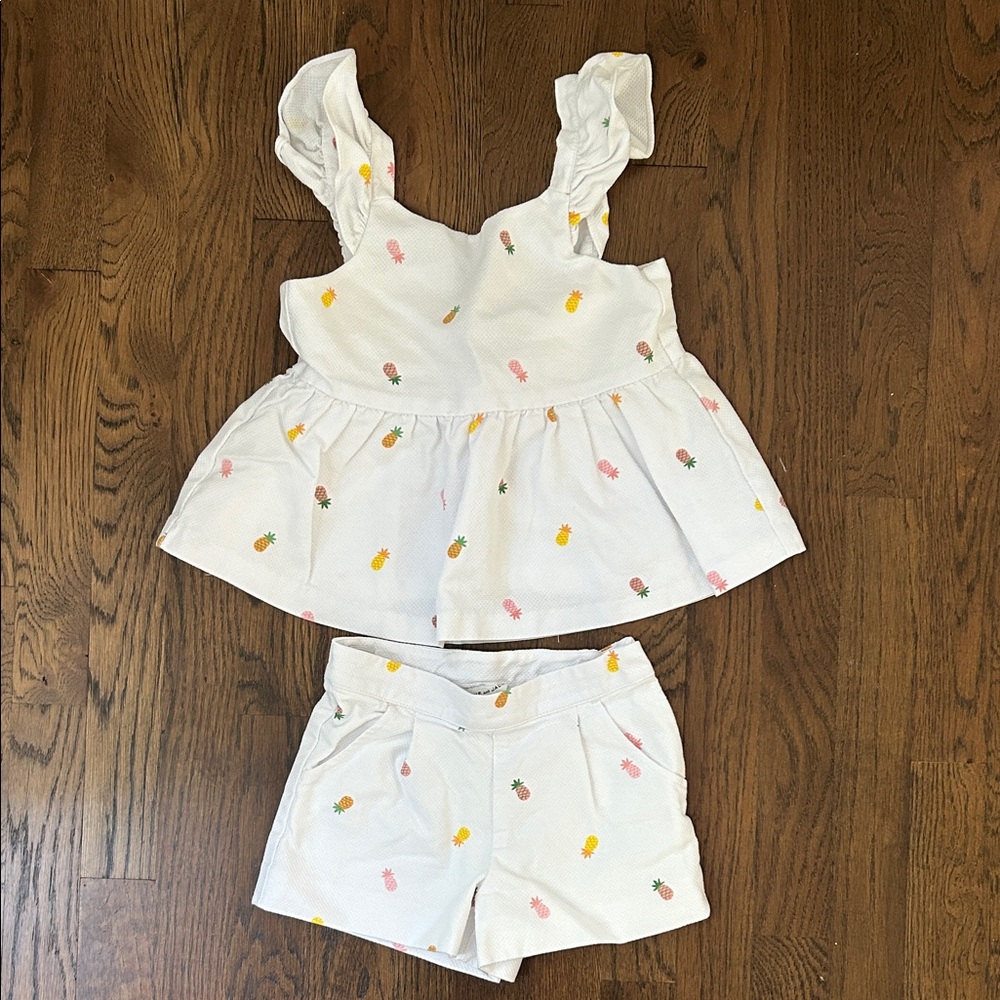 White Ruffled Top and Shorts Set with Pineapple Print